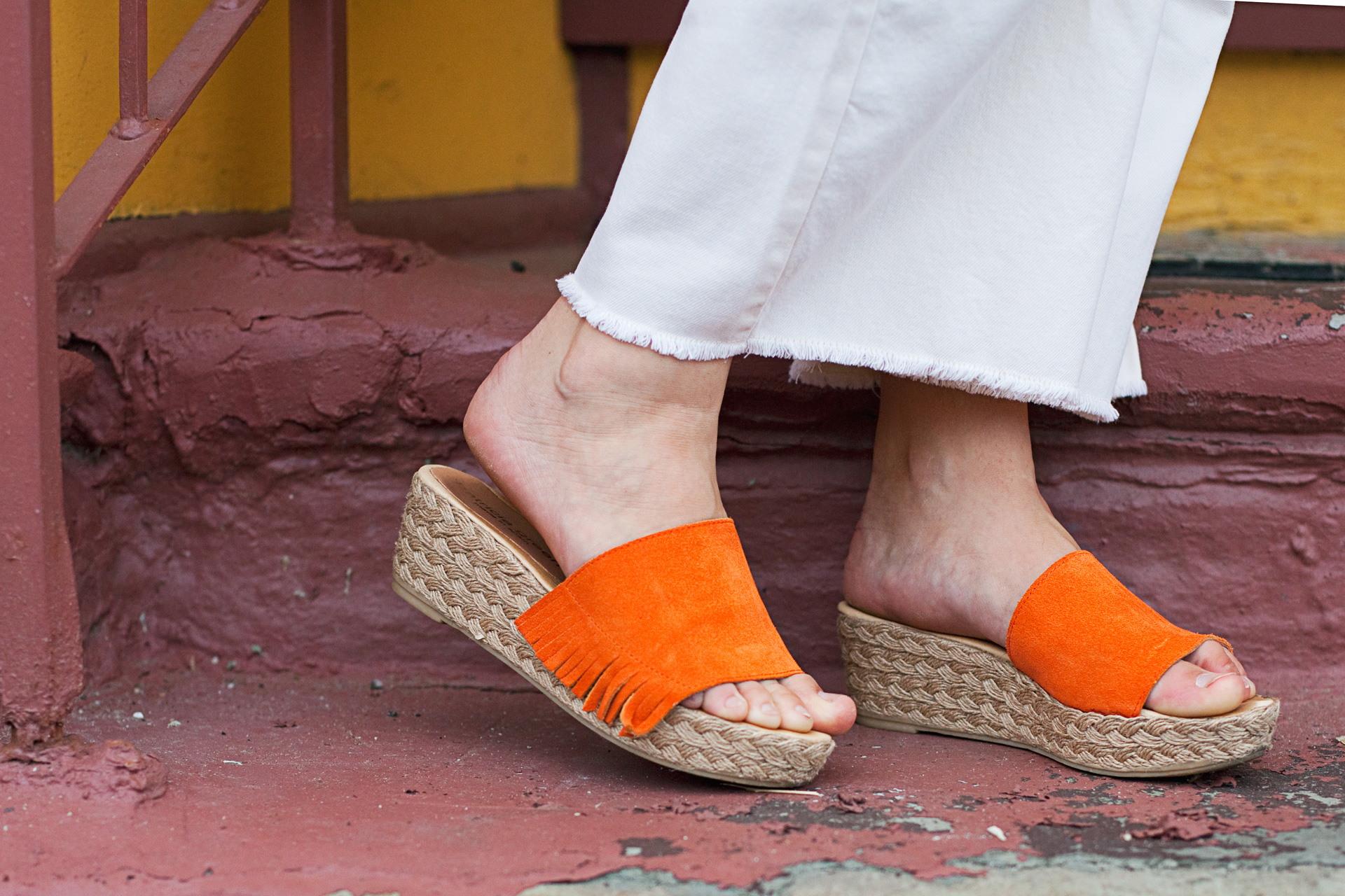 orange suede fringe shoes