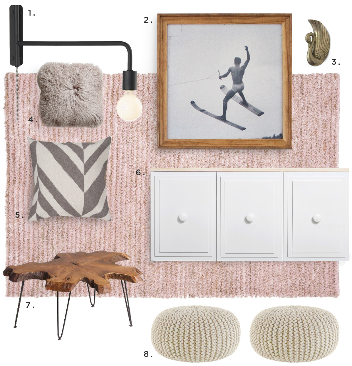 mid century boho living room details